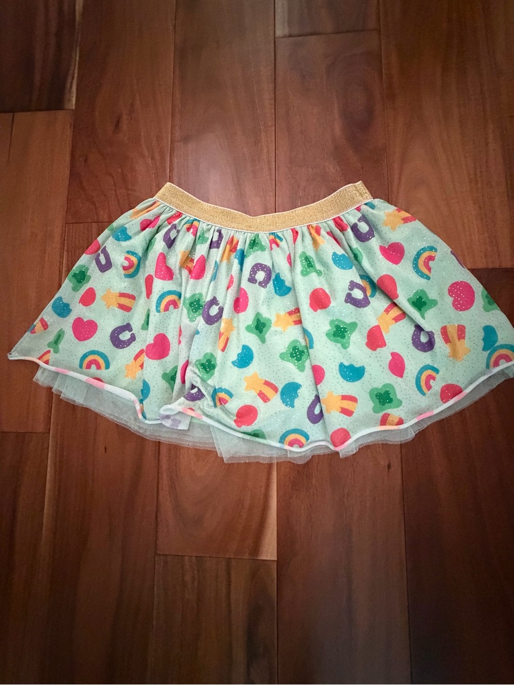 Girls Mint Rainbow Print Tulle Skirt with Gold Elastic Waistband
